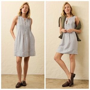 Faherty Isha Linen Pintuck Pleated Button Front Mini Dress Blue Mini Stripe M